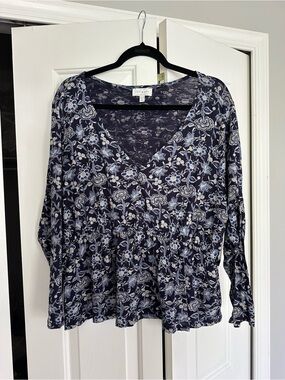 Lucky Brand Navy Floral V-Neck Peplum Women's Top